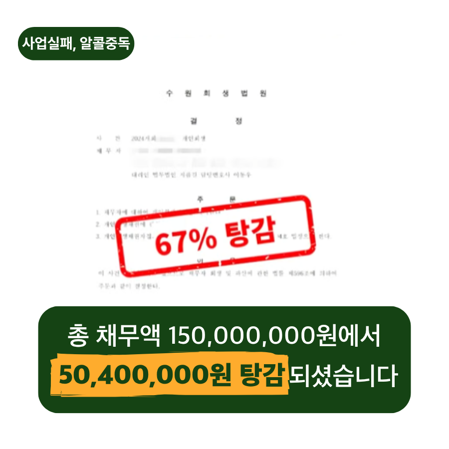 50대 가장의 수원개인회생 신청 결과, 1억 5천만 원의 빚 중 약 5천만 원이 탕감되었습니다